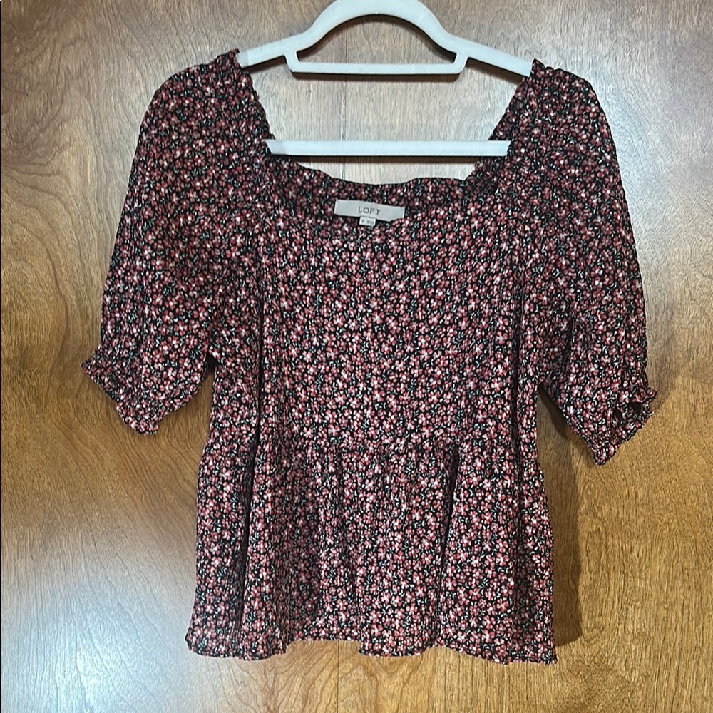 LOFT Brown Puff Sleeve Smocked Peplum Blouse